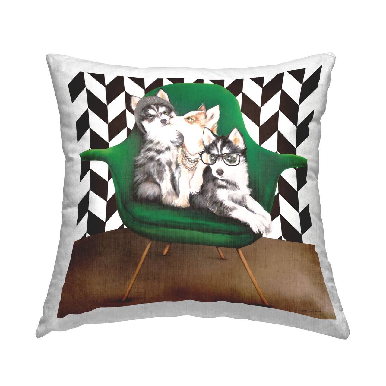 Stupell Industries Hipster Dogs Green Mod Chair Chevron Pattern Throw Pillow, 18" x 18"